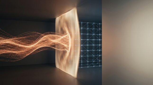 Enterprise risk threshold barrier stopping copper data surge before protected network, abstract technology header with copy space