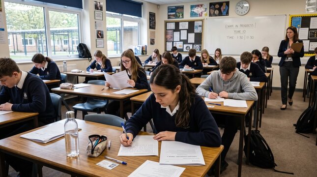 Students taking a formal exam in a classroom setting with a teacher supervising