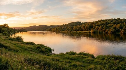 Naklejka premium Scenic Riverbank Landscape with Golden Sunset Sky Reflection in Calm Water and Lush Green Forested Hills in Summer