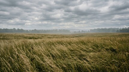 Obraz premium Serene Landscape of a Wind-Swept Grassy Meadow Under a Moody Gray Cloudy Sky with Distant Trees and Misty Horizon