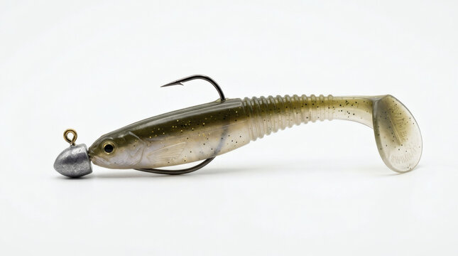 A detailed shot of a fishing lure with a weighted hook, designed for enticing fish