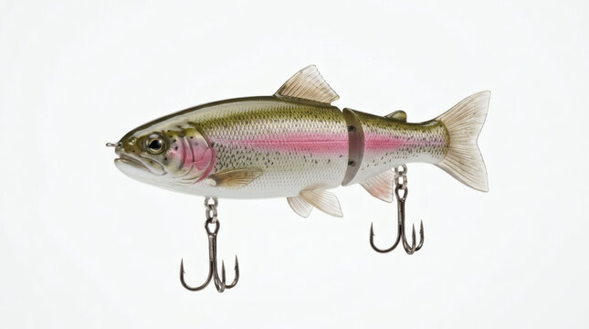 A realistic fishing lure designed to imitate a trout, equipped with two treble hooks for effective angling