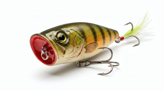A realistic fishing lure designed to resemble a perch, complete with detailed markings and a bright red mouth, ready to attract fish