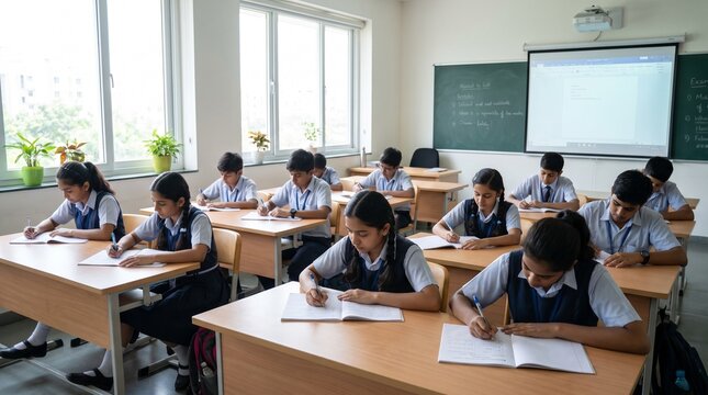 Group of indian students in school uniform writing in notebooks during a classroom examination session