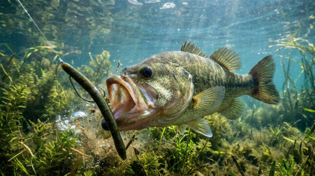 A large bass fish is about to swallow a worm lure underwater, surrounded by aquatic plants. The fish's mouth is open, revealing its sharp teeth, and its scales are visible in the clear blue water.