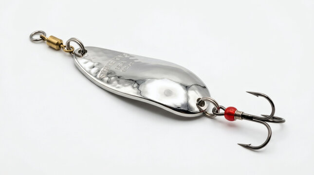 A shiny silver fishing spoon lure with a red bead and a sharp treble hook, ready for angling