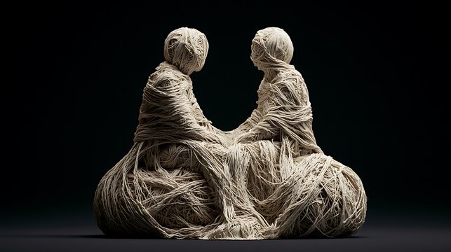 409. A psychological art piece depicting Enmeshment (lack of personal boundaries). Two people sitting together, their clothes and skin seamlessly melting and weaving into a single, chaotic ball 