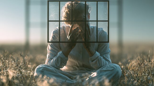 402. A psychological art piece exploring the 'Victim Complex'. A person sitting in a completely open, sunlit meadow, but meticulously painting dark iron bars onto a glass sheet in front of their 