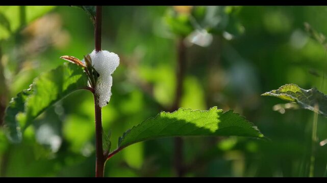 Spittlebug Cuckoo Spit Foam Nest on Green Leafy Stem in Sunligh