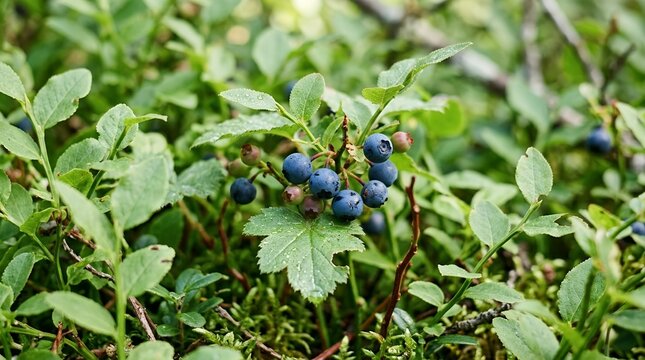 Fresh Wild Blueberries Ripening on a Green Bush in the Deep Forest Background Organic Healthy Superfood Foraging