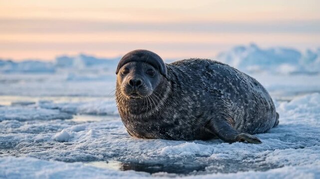 hooded seal close up at morning light in greenland arctic coast video