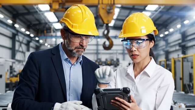 Engineers examine part using tablet in factory with safety helmets. Man and woman inspect industrial component with tablet. Engineers review part in factory wearing helmets and protective gear.