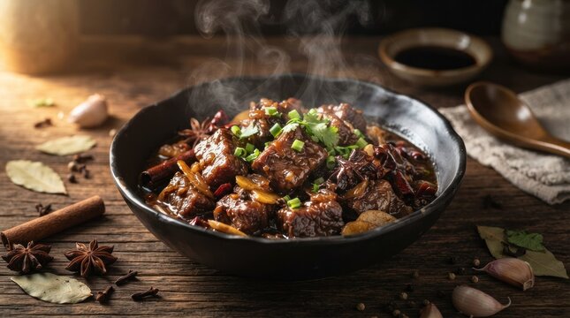 Braised beef chunks in bowl with spices.