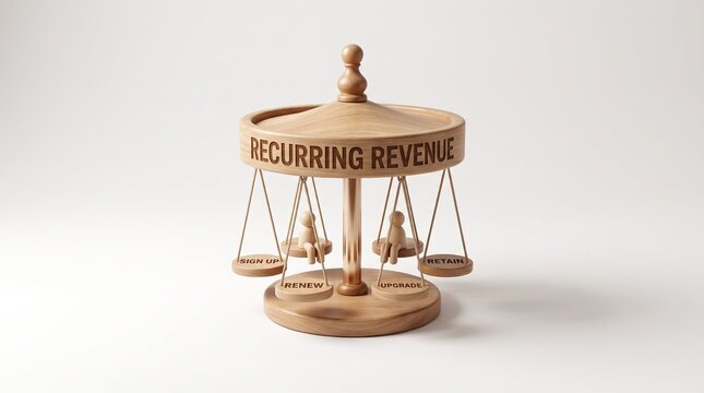 Wooden carousel with recurring revenue text representing subscription business model concept, 3D render on white background