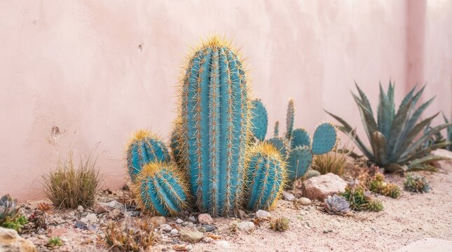 Blue barrel cactus and agaves in desert garden setting.