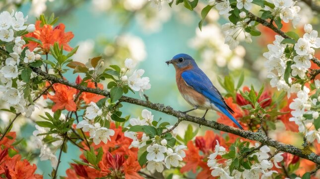 Bluebird perched on flowering tree branch.