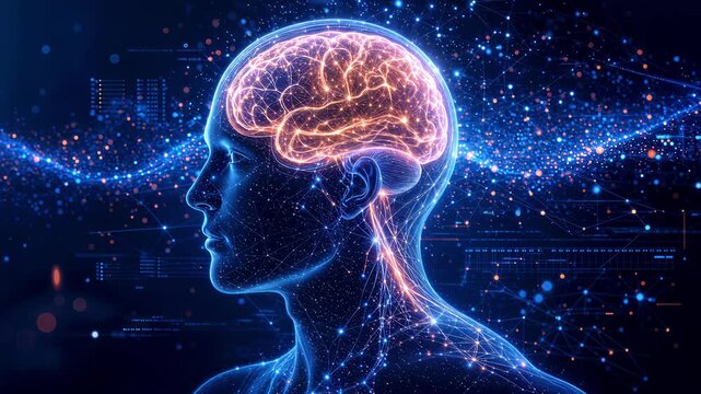 Human profile with glowing brain and neural network connections. Concept of artificial intelligence and cognitive computing. Panning camera movement.