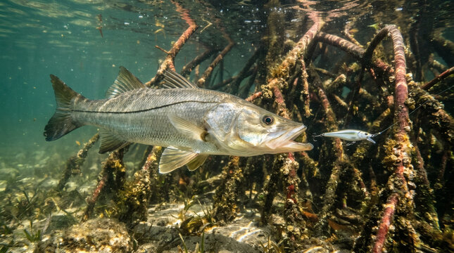 A snook fish is about to eat a small fish underwater near mangrove roots