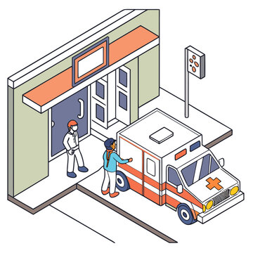 Isometric medical emergency scene with ambulance and building