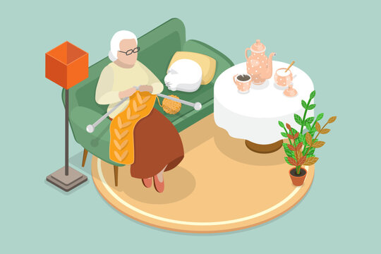 3D Isometric Flat Vector Illustration of Granny, Senior Woman Knitting On Couch.