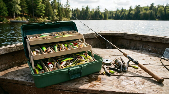 A tackle box filled with fishing lures and a fishing rod resting on a boat near a lake