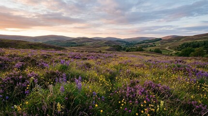 Fototapeta premium Vibrant Field of Purple Heather and Yellow Wildflowers over Rolling Hills during a Colorful Sunset Scenic Vista
