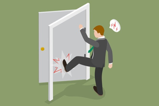 3D Isometric Flat Vector Illustration of Foot Door Kicking, Businessman Violates Office Ethics
