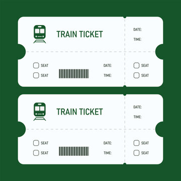 Pair of minimalist train tickets on solid green background with transport