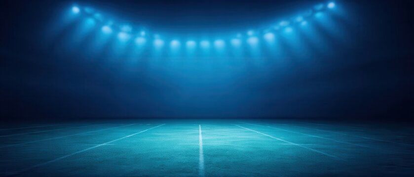 An empty, illuminated sports stadium floor with bright overhead lights creating a dramatic blue ambiance.