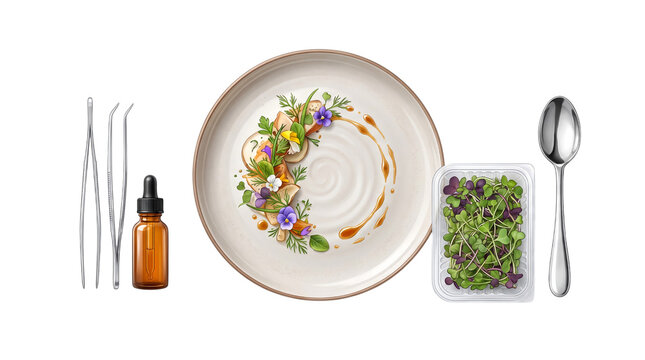 Gourmet food plating with chef tweezer dropper and edible flower