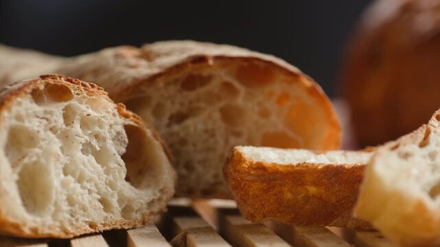 Baguette Bread torn apart by hand, fresh baguette crumb close-up macro shot showing soft airy texture