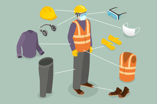 3D Isometric Flat Vector Illustration of PPE, Industrial Worker With Safety Pictograms And Protective Gear For Personal Protection