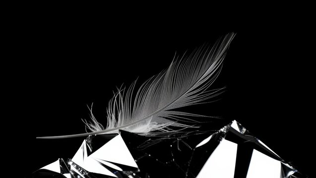 Delicate White Feather Resting on Shattered Glass