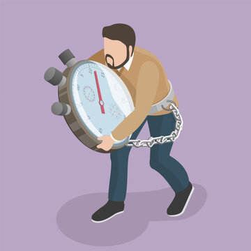 3D Isometric Flat Vector Illustration of Deadline, Depressed Man Chained To Oversized Stopwatch Timer