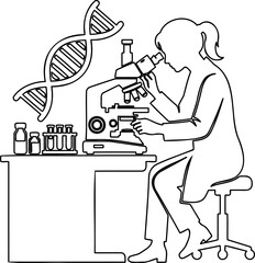Fototapeta premium Female scientist with microscope and DNA strand line art vector, minimal genetics lab research outline illustration
