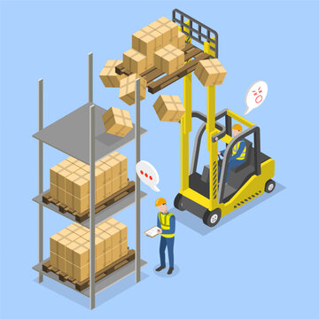 3D Isometric Flat Vector Illustration of Warehouse Accident, Avoid Going Beneath The Forklift Prongs.