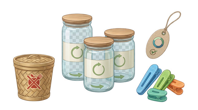 Glass jar with recycle label woven bin tag and clip illustration