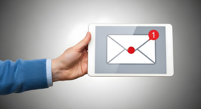 Hand Holding Digital Tablet Displaying New Unread Email Message Notification Icon for Business Communication and Modern Digital Technology Connectivity