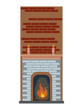 Cozy Winter Fireplace with Burning Fire & Candles &ndash; Flat Vector Illustration on White Background