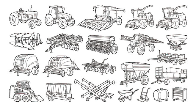 Agricultural machinery line art icons, 20 farm equipment vector illustrations, hand drawn tractor and harvester sketches for farming