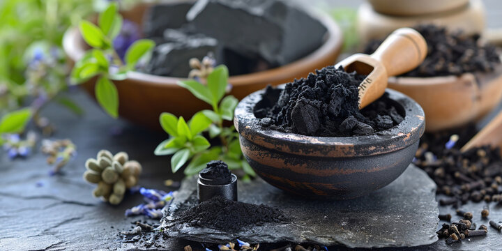 Activated charcoal powder in wooden bowls with natural herbs and stone background for holistic wellness skincare and beauty treatments professional commercial photography concept design project presen