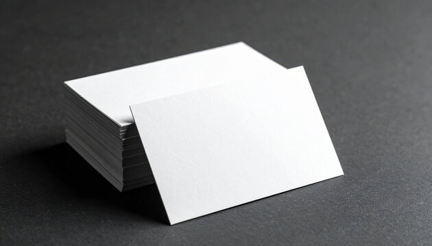 Minimalist empty blank white business card mockup stack on textured black background, copy space.