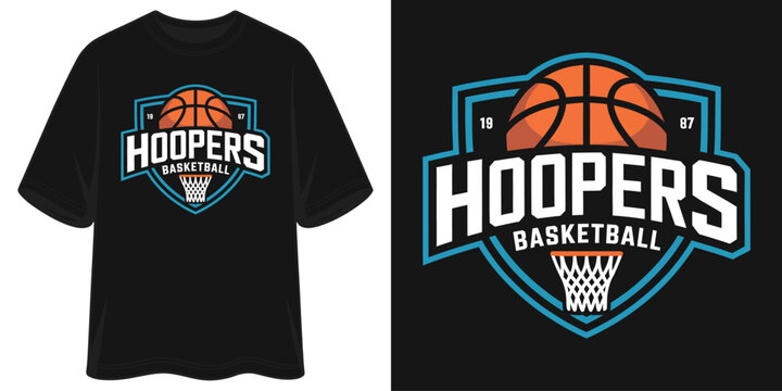 hoopers basketball est 1987 vintage varsity league shield sport athlete graphic tee t shirt design vector illustration artwork