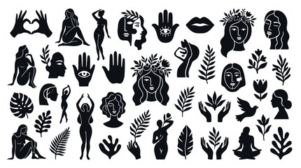Obraz premium Minimalist vector illustration set featuring organic feminine figures and botanical elements in flat black ink style
