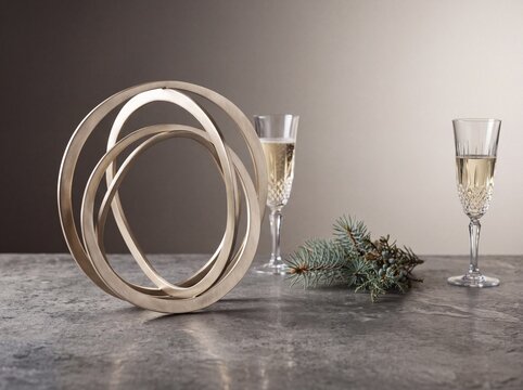 Modern gold ring sculpture on stone surface with champagne flutes, elegant holiday celebration still life with luxury metallic decor, festive winter anniversary scene with pine branch