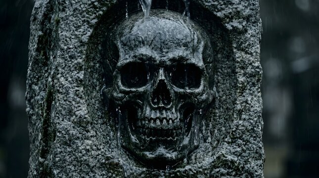 Dark gothic halloween cemetery scene featuring stone skull relief on weathered tombstone under rain with mystical occult grimoire vibes