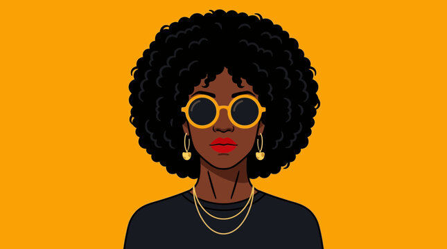 Stylish african american woman with natural afro hair wearing trendy yellow sunglasses in vibrant vector illustration