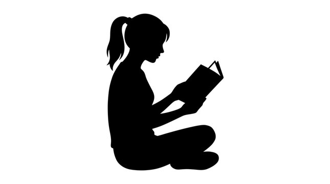 Elegant girl silhouette reading a book in simple flat black vector graphic design style illustration
