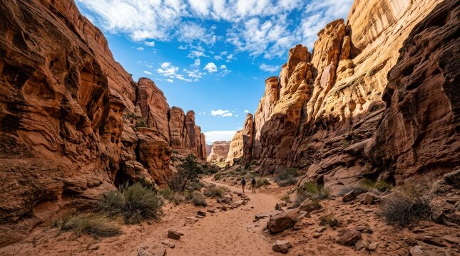 Dramatic sandstone canyon walls framing a dry sandy pathway under bright blue sky sandstone canyons