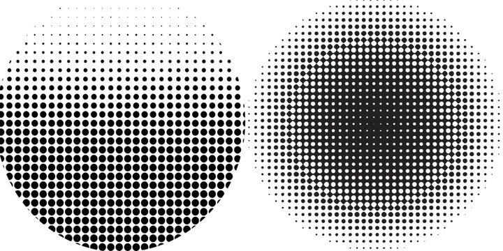 Set of halftone dots gradient pattern texture isolated on white background. Straight dotted spots using halftone circle dot raster texture.